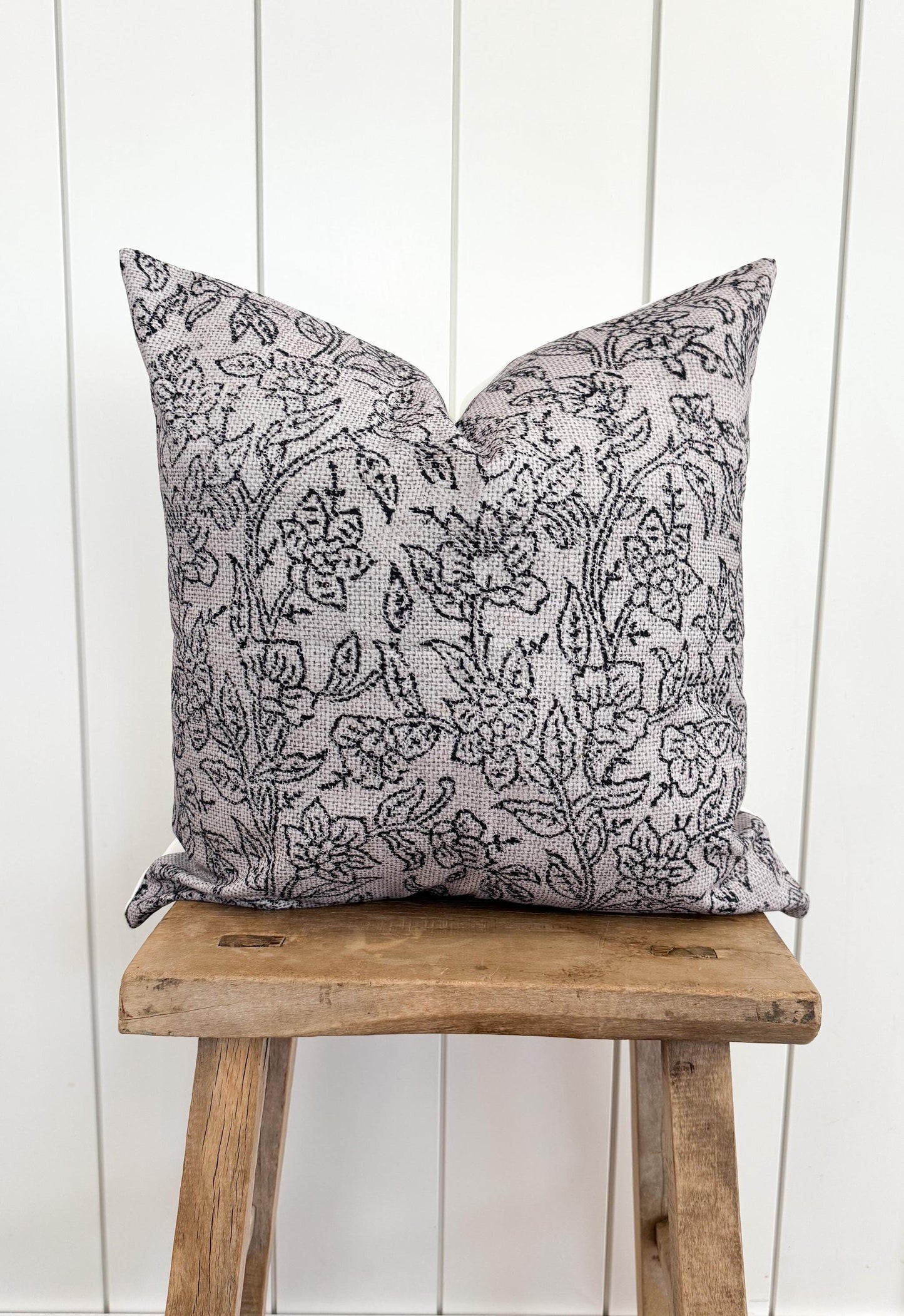 Beige & Black Floral Handblock Pillow Cover | Decorative Throw Pillow Cover | 12x20, 18x18, 20x20, 22x22 | Modern Farmhouse