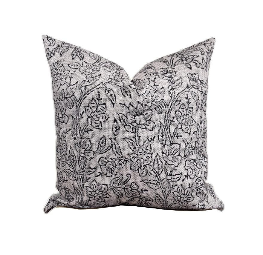 Beige & Black Floral Handblock Pillow Cover | Decorative Throw Pillow Cover | 12x20, 18x18, 20x20, 22x22 | Modern Farmhouse