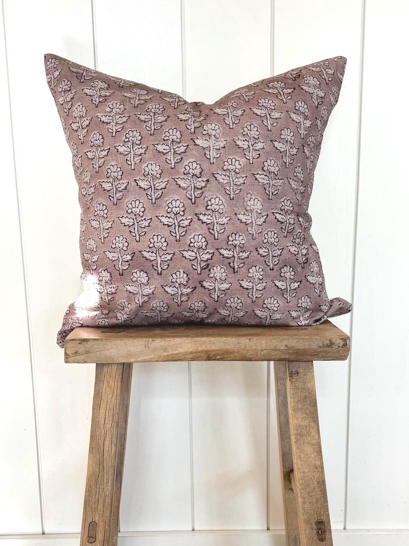 Neutral Purple Heather Block Print Floral Pillow Cover | 100% Cotton | Handblock Brown & Tan Floral | Multiple Sizes Available | Flora