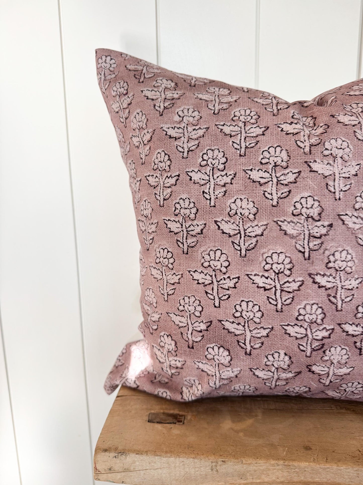 Neutral Purple Heather Block Print Floral Pillow Cover | 100% Cotton | Handblock Brown & Tan Floral | Multiple Sizes Available | Flora