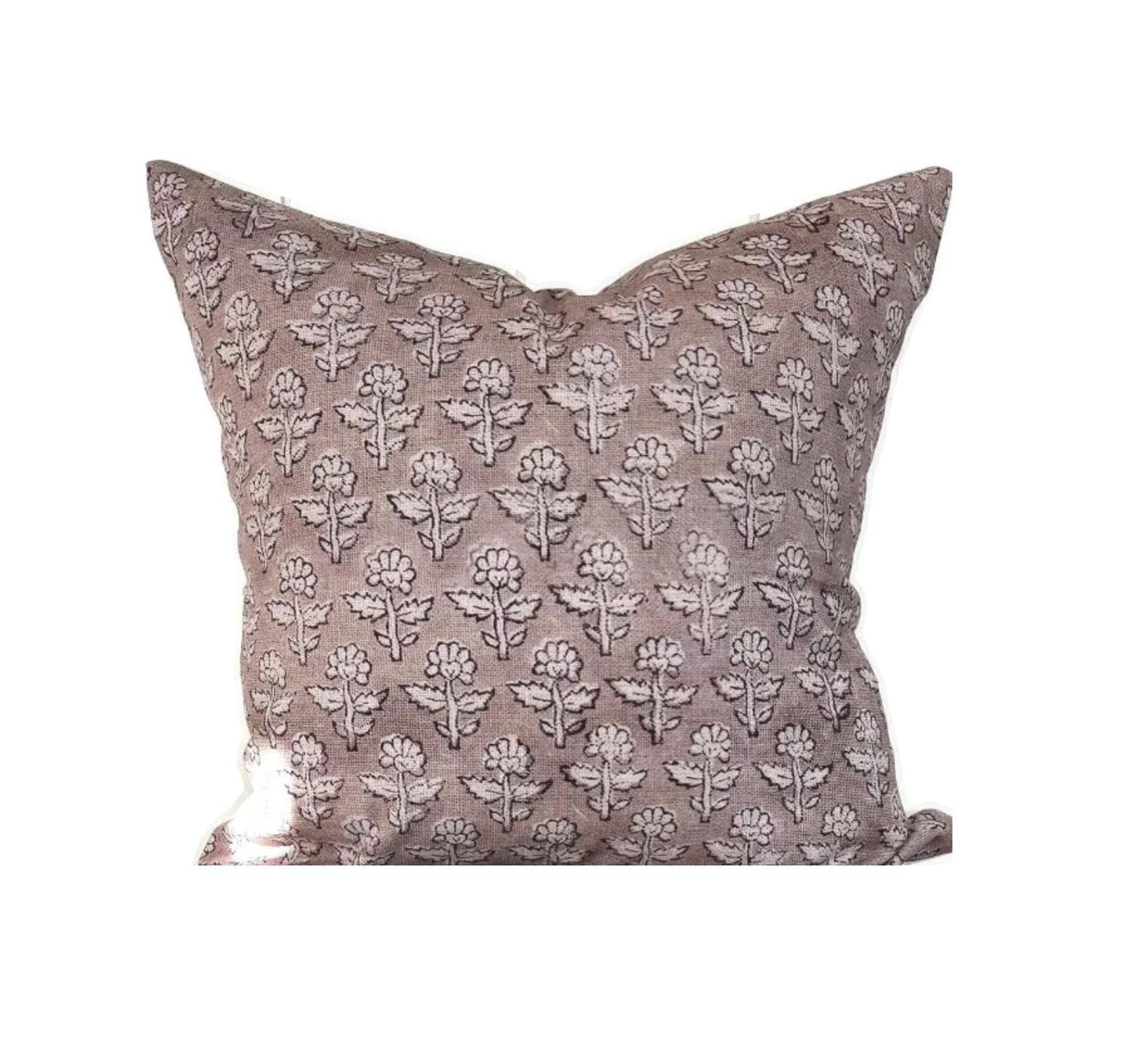 Neutral Purple Heather Block Print Floral Pillow Cover | 100% Cotton | Handblock Brown & Tan Floral | Multiple Sizes Available | Flora